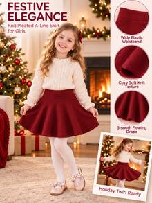 SHEIN Young Girl Sweater Skirt Set, A-Line Skirt, High Waist, Solid Burgundy Red Christmas Matching Mommy Daughter Mommy And Me Fall Baby Doll Winter - Burgundy - View 8