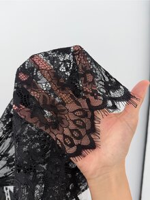 Sunspun Plus Size Floral Lace Long Sleeve Vintage Print Sheer A-Line Dress - Black - View 7