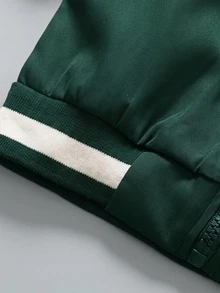 SHEIN Green Zipper Baseball Jacket, Ribbed Contrast Striped Collar, NEW YORK Letter Print, Woven Lightweight, Spring/Autumn - Dark Green - View 7