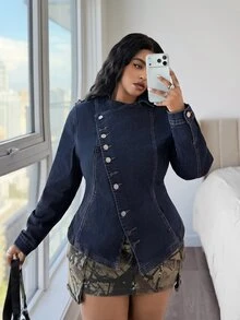 Jeanoix Plus Size Women's Blue Denim Jacket With Button-Down Front And Phoenix Eye Buttons - Dark Wash - View 5