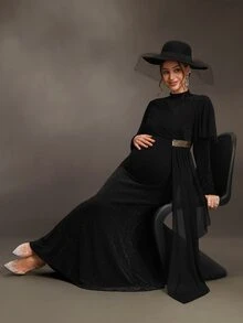 Cheriluna Maternity Elegant Solid Color Mesh Patchwork Maternity Dress - Black - View 3