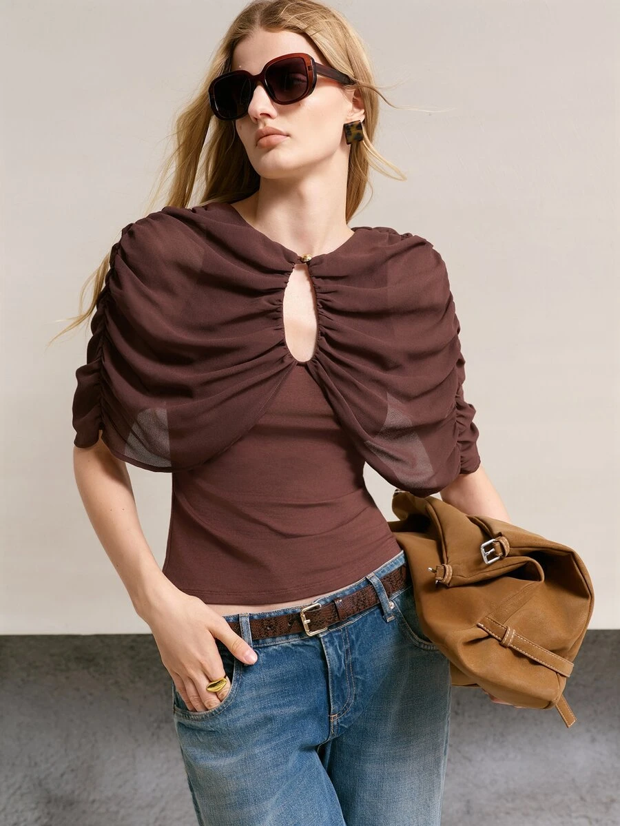 MOTF PREMIUM KAOS WANITA WARNA POLOS BERLIPIT KASUAL SERBAGUNA UNTUK PAKAIAN SEHARI-HARI - Mocha Brown - View 1