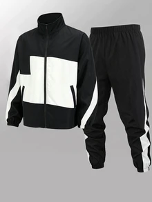 SHEIN 兒童 2 件組青少年男孩黑白配色拼接長袖夾克與長褲套裝，秋季街頭風運動休閒服，適合慢跑、秋季穿著，適用於秋冬、學校、家庭聚會、開學季、運動、玩耍、生日派對、拍照、度假、假期 - 黑與白 - 查看 1
