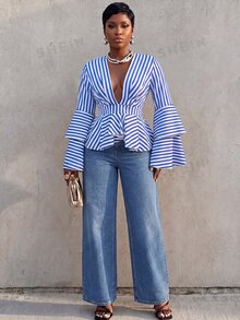 BamGlimmer Summer Autumn New Design, Deep V-Neck, Multi-Layer Ruffle Hem, Double-Layer Ruffle Sleeve Women's Blouse, Fashionable Vacation Casual Style, Suitable For Travel, Daily Wear, Back To School, Party And Gathering, Commute Versatile - Blue and White - View 7