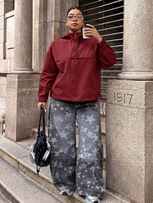 Muchica 大尺碼女款酒紅色休閒半拉鍊抽繩連帽外套－秋季連帽外套，時尚秋季風格 - 酒紅色 - 查看 7
