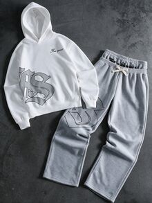 SHEIN 2件組兒童青少年男孩休閒極簡秋季新款Y2K嘻哈風酷英文字母圖案寬鬆連帽衛衣與長款喇叭褲套裝，適合秋冬穿著 - 灰色 - 查看 2