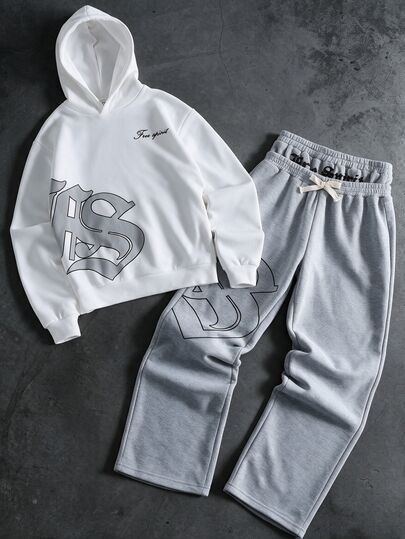 SHEIN 2pcs Kids Tween Boy Casual Minimalist Autumn New Y2K Hip Hop Style Cool English Letter Graphic Loose Hoodie & Long Flare Pants Set Suitable For Autumn/Winter