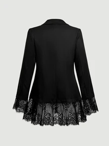 SHEIN MOD Plus Size Women Solid Color Contrast Lace Cuff Blazer And Skirt Elegant Set - Black - View 9