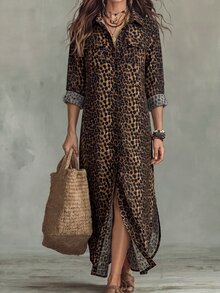 Linhara CURVE 大尺碼純色前開鈕扣休閒長袖中長洋裝/長洋裝女裝秋季穿搭 - 咖啡棕 - 查看 1
