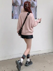 Livesso 女款純色寬鬆版型長袖V領針織毛衣 - 粉色 - 查看 5