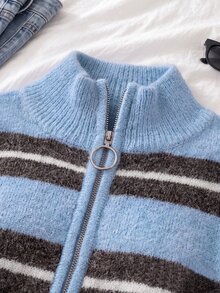 Sunspun Cardigan Wanita Ukuran Besar dengan Motif Garis-Garis Blok Warna dan Resleting, Cocok untuk Pakaian Musim Gugur/Musim Dingin - MultiWarna - View 5