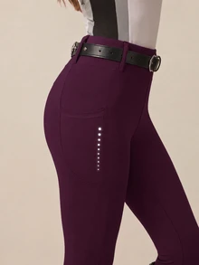 Dewbera Dewbera Women's Fall Sports Equestrian Pants, Black Tight Regular Waist With Ear Loops, Side Pockets, Reflective Dots, Optimized Pattern, 9/10 Length - Purple - View 2