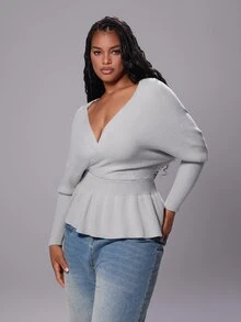 Rustia Plus Size Ribbed Waist Fashion Pullover Sweater - Light Grey - View 5