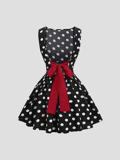Sweetra CURVE Plus Size Women Black & White Polka Dot Backless Burgundy Contrast Color Big Cinched Waist Cinched A-Line Short Dress
