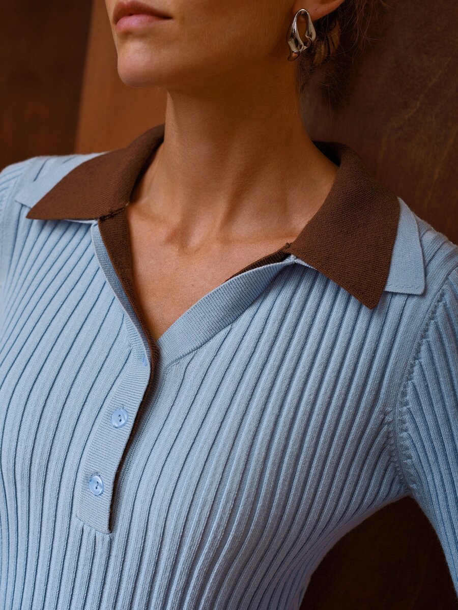MOTF PREMIUM WOMEN'S COLORBLOCK LAPEL BUTTON HALF-PLACKET LONG SLEEVE RIBBED SWEATER - Baby Blue - View 1