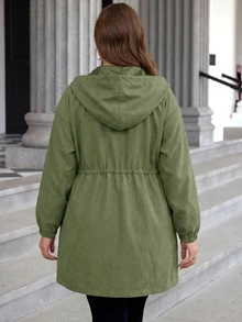 SHEIN LUNE 大尺碼素色連帽前開襟拉鍊休閒長袖外套 秋季服飾 - 軍綠色 - 查看 2