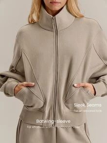 GLOWMODE Everyday Fleece Warmth Whisperer 柔軟保暖輕量夾克，前後縫線設計、口袋、蝙蝠袖、高領、全開襟拉鍊，休閒款 - 卡其色 - 查看 4