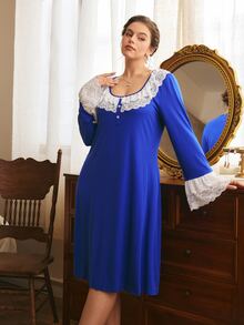 Côtesoire South French Court Elegant Lace Patchwork Flare Long Sleeve Plus Size Nightgown - Blue - View 4