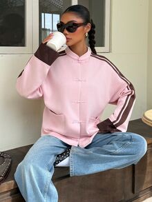 Muchica Women's New Autumn/Winter Pink Suede Velvet Button Decor Patchwork Ribbon New Chinese Style Jacket For Going Out, Streetwear, Y2K,Fall Clothes - Pink - View 1