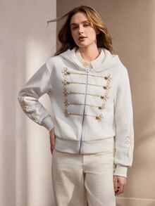 Nima Coro Women's Zip-Up Hooded Sweatshirt With Napoleon Collar And Embroidered Design - White - View 4