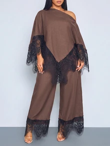 SOLERSUN Plus Size Women's Lace Patchwork Asymmetric Shoulder Top And Pants Casual Elegant Daily 2 Pieces Set Fall Brunch Party Brown - Coffee Brown - View 6
