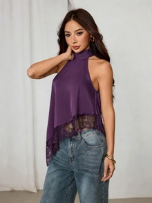 SHEIN PETITE 不對稱高領掛脖上衣，蕾絲飾邊，晚宴派對雞尾酒會正式優雅風 - 紫色 - 查看 5