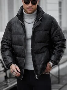 Manfinity CasualCool Men's Long-Sleeve PU Leather Thickened Jacket, Warm Winter Casual Commuting Street Style - Black - View 1