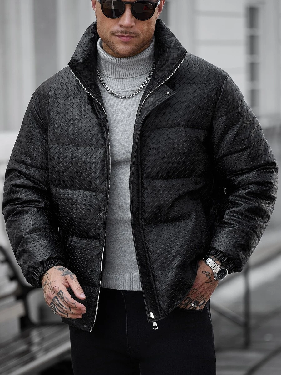 Manfinity CasualCool Men's Long-Sleeve PU Leather Thickened Jacket, Warm Winter Casual Commuting Street Style - Black - View 1