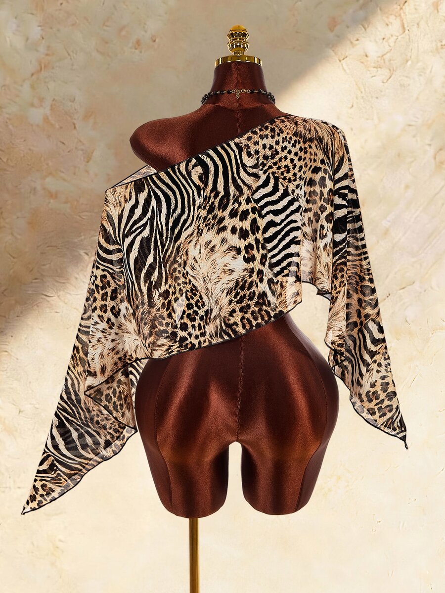 Amplova Women's Sexy Asymmetrical Shoulder Zebra Print Top - Black - View 1
