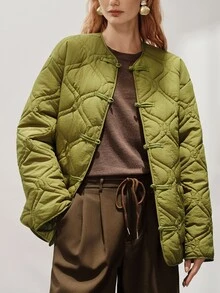 Aveloria Modichic Mantel Kasual Empuk Minimalis Gaya Cina dengan Kancing dan Dua Saku - Olive Green - View 3