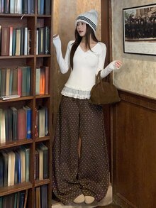 DAZY Women's Polka Dot Loose Button Jeans - Brown - View 4