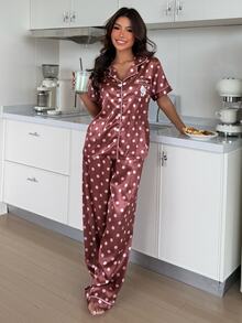 ZzzCrew HELLO KITTY AND FRIENDS | SHEIN Collaboration Cute Cartoon Polka Dot Print Lapel Faux Silk Pajama Set - Brown - View 4