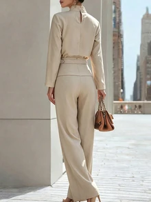 SHEIN Casual Elegant Versatile High Neck Shirt And Pleated Pocket Wide Leg Pants 2 Pieces Set Office Beige Fall - Khaki - View 3