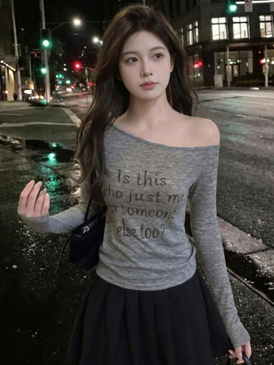 Dazy Kids Teen Girl Slogan Graphic Asymmetrical Shoulder Casual Daily Outing T-Shirt - Light Grey - View 1