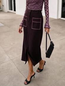Nöista Misi Skirt Contrast Piping And Front Slit Opening - Burgundy - View 2