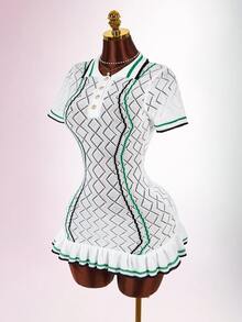 Amplova Women's Knit Sexy Avant-Garde Back To School Style Short Sleeve Dress With Collar And Lace Hem - White - View 1