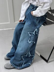 Dazy Kids Tween Girl) Casual Straight Leg Elastic Waist Star Decor Denim Jeans - Dark Wash - View 6