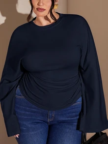 SHEIN BAE Plus Size Elegant Commuter Solid Color Batwing Sleeve Cinched Waist T-Shirt Fall - Navy Blue - View 3