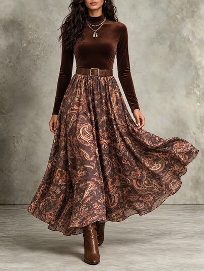 LUMIGAL Women's Autumn/Winter New Vintage Maillard Warm Velvet Mock Neck Top With Paisley Print Patchwork Flared Dress, Suitable For Daily Wear, Commuting, Holiday Outfits, Atmospheric Styling, Outerwear And Layering
