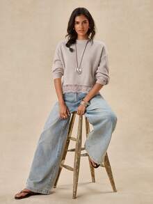 Easelle Vintage Bohemian Round Neck Lace Patchwork Women's Sweater - Apricot - View 6