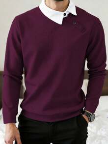 Manfinity Homme 男士對比色長袖 Polo 衫，老錢風黑白配色秋季商務休閒辦公背心，禮品、儀式適用 - 酒紅色 - 查看 1