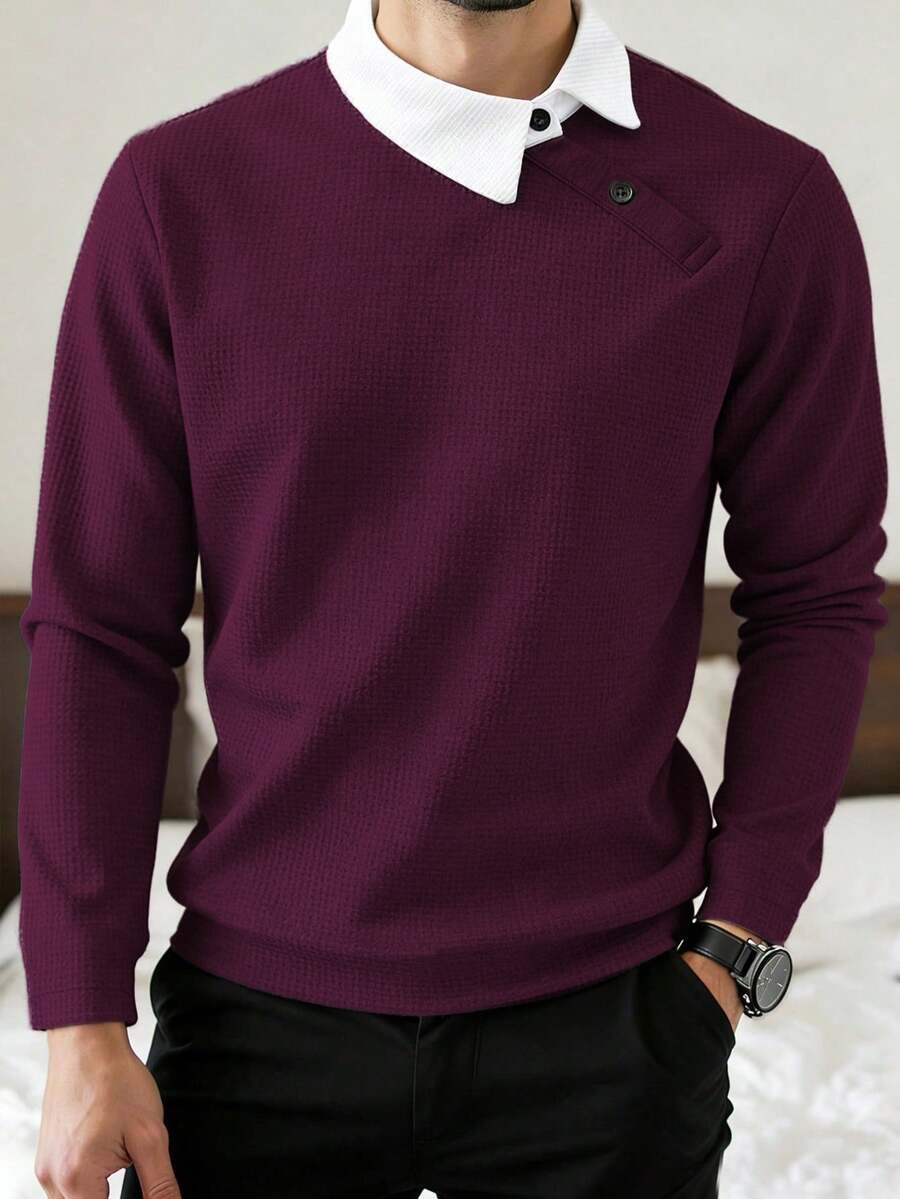Manfinity Homme 男士對比色長袖 Polo 衫,老錢風黑白配色秋季商務休閒辦公背心,禮品、儀式適用 - 酒紅色 - 查看 1