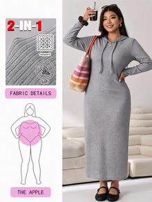 Solflare Autumn/Winter Casual Versatile Light Gray Plus Size Women's Drawstring Hooded Dress - Light Grey - View 5