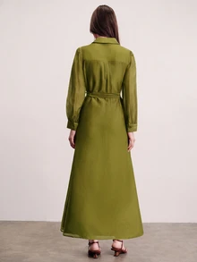 Aveloria Modichic Commuter Design, Belt Waist Cinched Decoration, Fashionable Elegant Pleated Quilted Versatile Slimming Long Dress - Olive Green - View 2