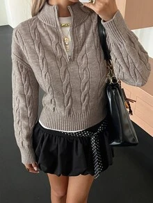 Livesso Tall Women's Knitted Cable Knit Casual Loose Sweater - Khaki - View 6
