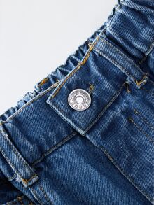SHEIN Elladie kids 少女閃亮水鑽寬腿牛仔褲 秋季度假戶外派對牛仔褲 - 中等水洗藍 - 查看 4