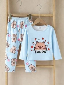 女童休閒可愛水豚印花長袖秋季/冬季牛奶絲面料居家服套裝 圓領針織卡通動物 2件組 柔軟舒適 - 藍色 - 查看 4