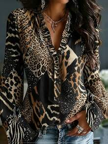 Linhara Plus Size Women's Autumn/Winter Asymmetrical Leopard Print Ruffle V-Neck Casual Long Sleeve Blouse - Khaki - View 1