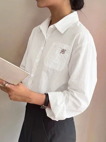 DAZY 女款長袖單排扣休閒口袋襯衫 - 棕色 - 查看 4