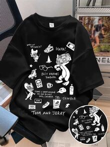 TOM & JERRY X SHEIN SHEIN EZwear 大尺碼卡通圖案印花圓領短袖T恤，返校街頭休閒風 - 黑色 - 查看 6